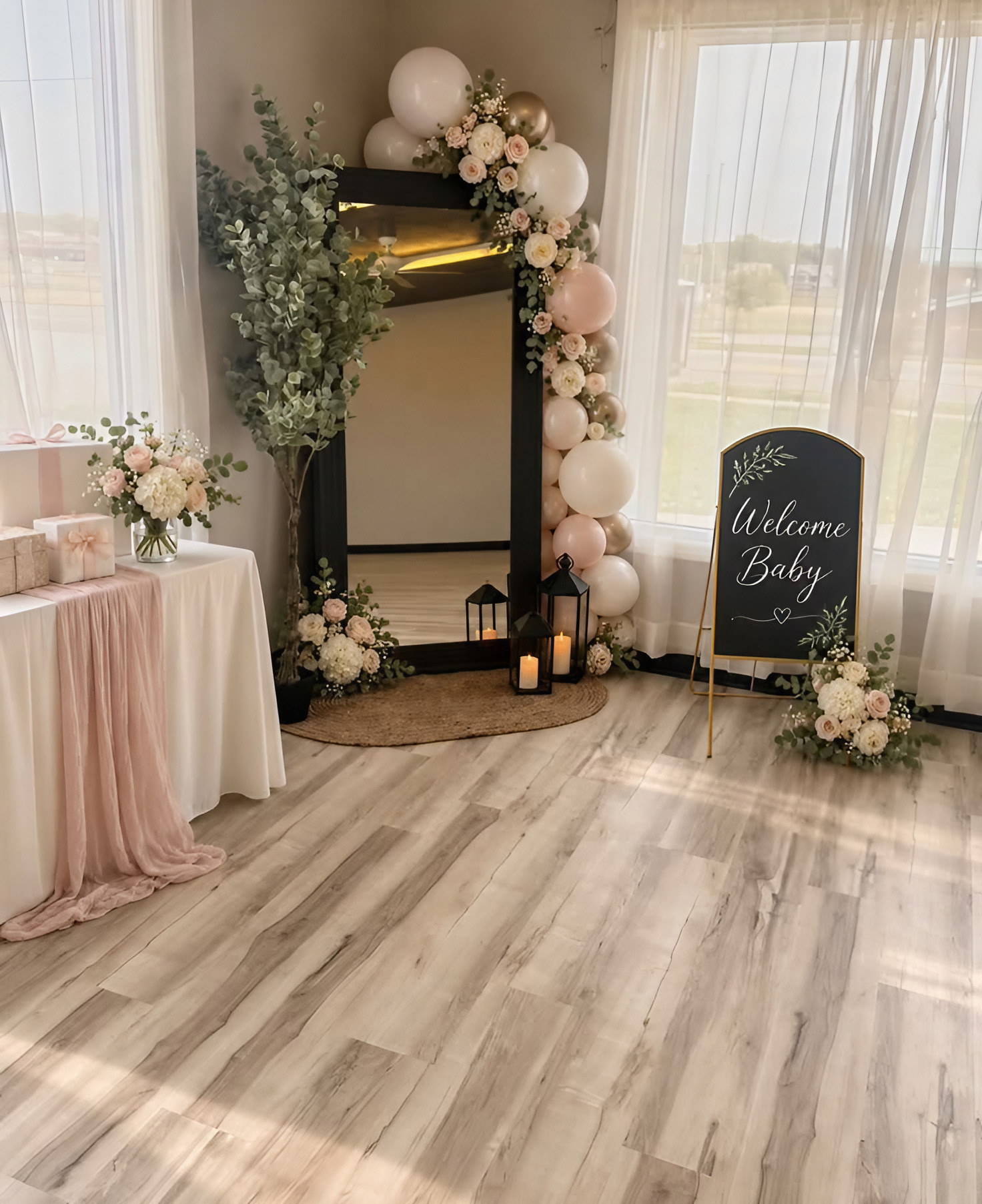Balloon arch and a welcome sign